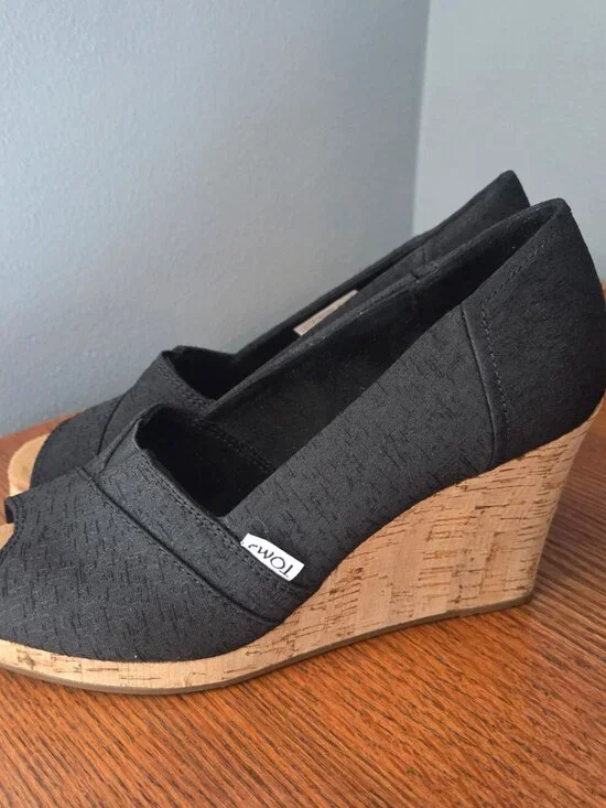 Toms Open Toe Espadrille Wedge Heels Black Size 7.5 - Picture 4 of 7